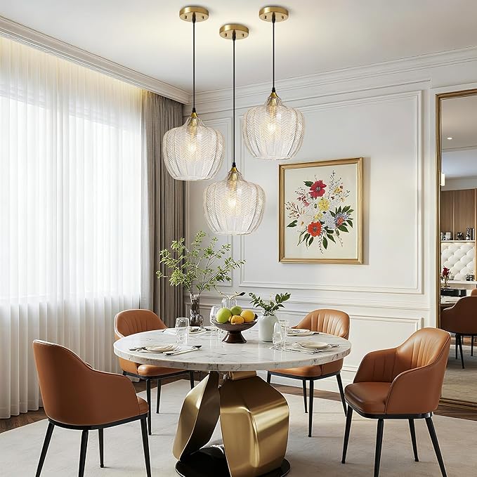 Modern Gold Pendant Light, Clear Glass Farmhouse Kitchen Island Pendant Light Fixture Adjustable Vintage Hanging Ceiling Light for Dining Room Corridor Bedroom 9.45 inch