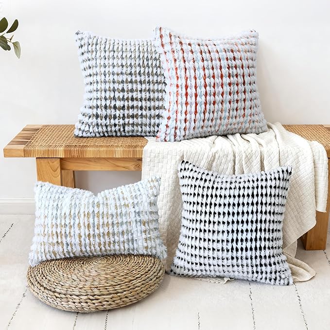 Boho Chenille Tufted Pillow Cover 18x18 Inch Set of 1, Farmhouse Striped Decorative Pillow Covers Accent Fluffy Neutral Square Pillowcases for Couch Sofa Bedroom Living Room, Orange White