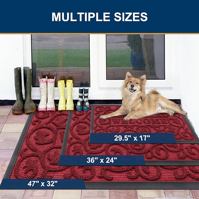Smiry Welcome Door Mat Outside Entrance, Heavy Duty Trap Dirt and Moisture Easy Clean Low Profile Patio Porch Indoor Outdoor Front Doormat for Entry, 29.5x17 Inch, Burgundy/Welcome