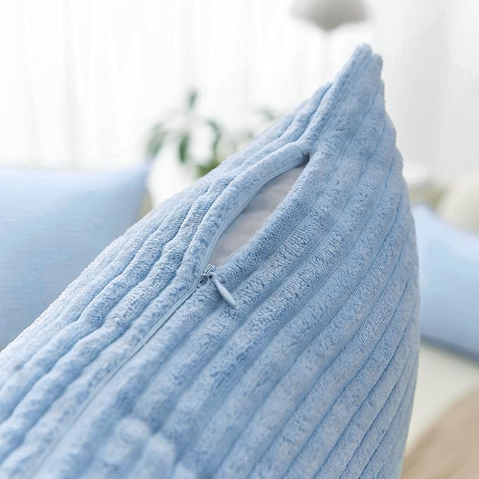 Home Brilliant Decor Super Soft Plush Corduroy Striped Throw Pillows Set of 2 Cushion Covers for Sofa Couch Bed, 50x50 cm, 20 x 20 Inch, Baby Boy Blue