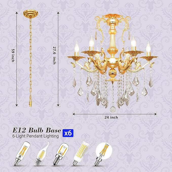 Luxury Gold Crystal Chandelier, 24" Vintage K9 Crystal Pendant Light with 6 Lights, Antique Brass Finish Ceiling Light Fixture with Scrolled Arms for Dining Room Living Room Foyer Villa Hotel