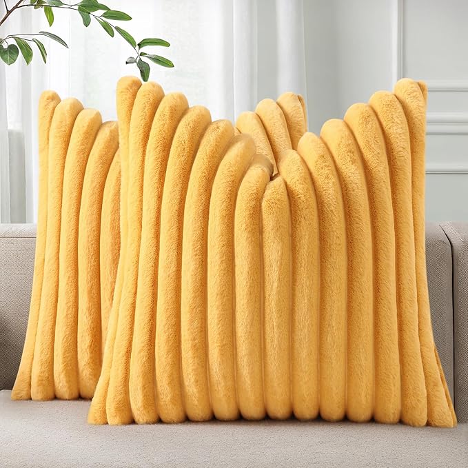 Pallene Faux Fur Plush Throw Pillow Covers 24x24 Set of 2, Luxury Soft Fluffy Striped Decorative Pillow Covers for Sofa, Couch, Living Room, Mustard Yellow