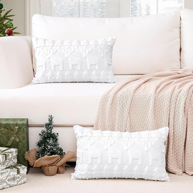 OTOSTAR Set of 2 Xmas Soft Plush Short Wool Velvet Decorative Throw Pillow Covers Rectangular Luxury Style Cushion Case Pillow Shell for Sofa Bedroom Christmas Tree and Elk White, 12x20 Inch
