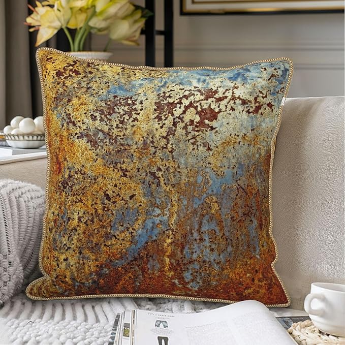KSLIDS Brown Rust Soft Velvet Throw Pillow Covers Set of 2 Gold Orange Teal Rustic Decorative Pillow Covers 18x18 Inch Rusty Copper Metallic Bronze Pillow Case for Sofa Couch Living Room Home Decor
