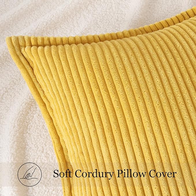 Mecatny Corduroy Throw Pillow Covers 16x16 Set of 2, Neutral Decorative Soft Boho Couch Pillow Covers with Broadside for Sofa Living Room, Mustard Yellow