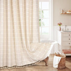 MitoVilla Cream Boho Extra Long Shower Curtain 72 x 84, Modern Farmhouse 84 inch XL Polyester Linen Texture Tassel Fabric Shower Curtain Set with Hooks for Cottagecore Country Bathroom Decor, Beige