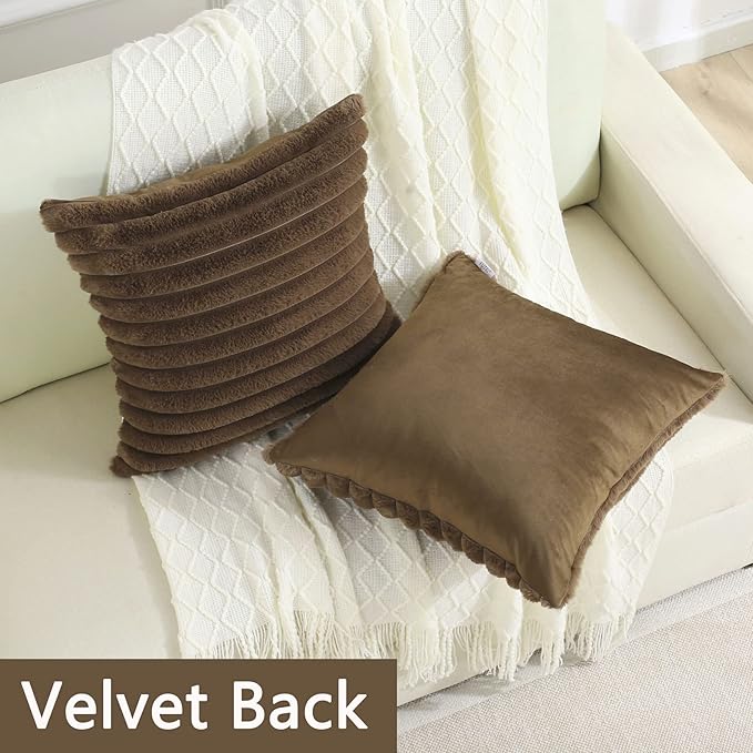 FUTEI Tan Striped Decorative Throw Pillow Covers 20x20 Inch Set of 2,Square Winter Decorations Couch Pillow Case,Soft Cozy Faux Rabbit Fur & Velvet Back,Modern Home Decor for Bed