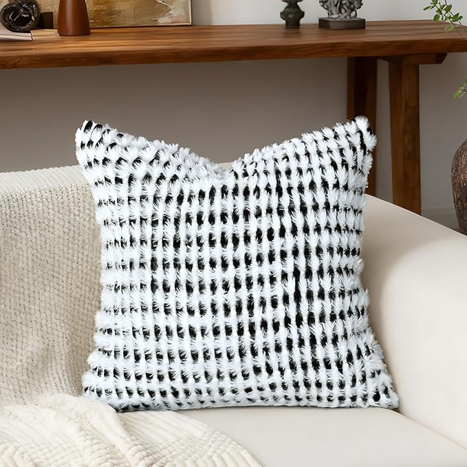 Boho Chenille Tufted Pillow Cover 24x24 Inch Set of 1, Farmhouse Striped Decorative Pillow Covers Accent Fluffy Neutral Square Pillowcases for Couch Sofa Bedroom Living Room, Black White