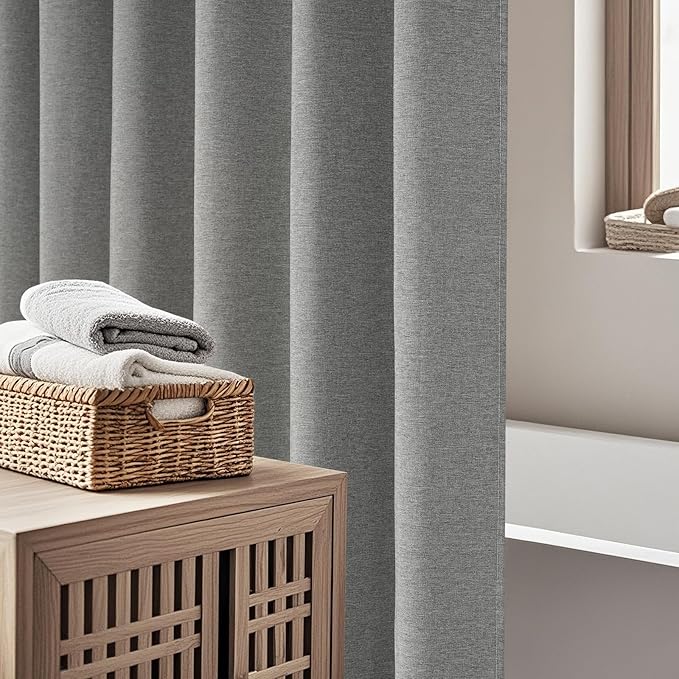 Grey Faux Linen Textured Fabric Shower Curtain, Heavy Duty Linen Look Hotel Shower Curtain Water-Resistant, 72 x 72 Inch Natural Gray Bathroom Shower Curtains Wrinkle-Free, Machine Washable