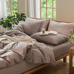 MooMee Bedding Duvet Cover Set 100% Washed Cotton Linen Like Textured Breathable Durable Soft Comfy (Heathered Mauve Brown, Queen 90"x90")