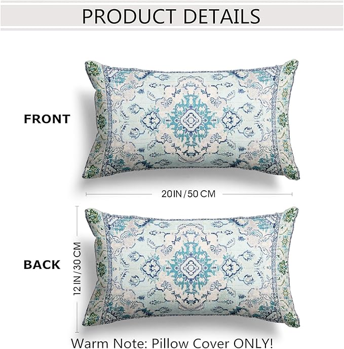 Snycler Boho Throw Pillow Covers 12x20 inch Set of 2 Teal Blue Boho Rug Carpet Double Sided Pattern Cotton Soft Pillow Case Cushion Cover Pillowcase for Couch Sofa Bed Decorative