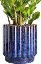 Ceramic Pots for Plants - 7.6 Inch Plant Pots Indoor with Drainage Hole, Fluted Round Ceramic Planter Outdoor, Modern Flower Planter, Home Office Living Room Decor, Garden Gifts, Blue