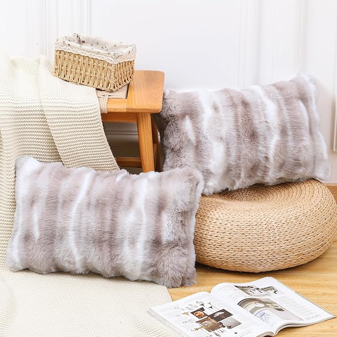 MADIZZ Pack of 2 Thick Plush Wool Throw Pillow Covers 12x20 Inch White Taupe Soft Neutral Decorative Throw Pillows Accent Boho Cushion Covers for Couch Sofa Bedroom Pillow Shell