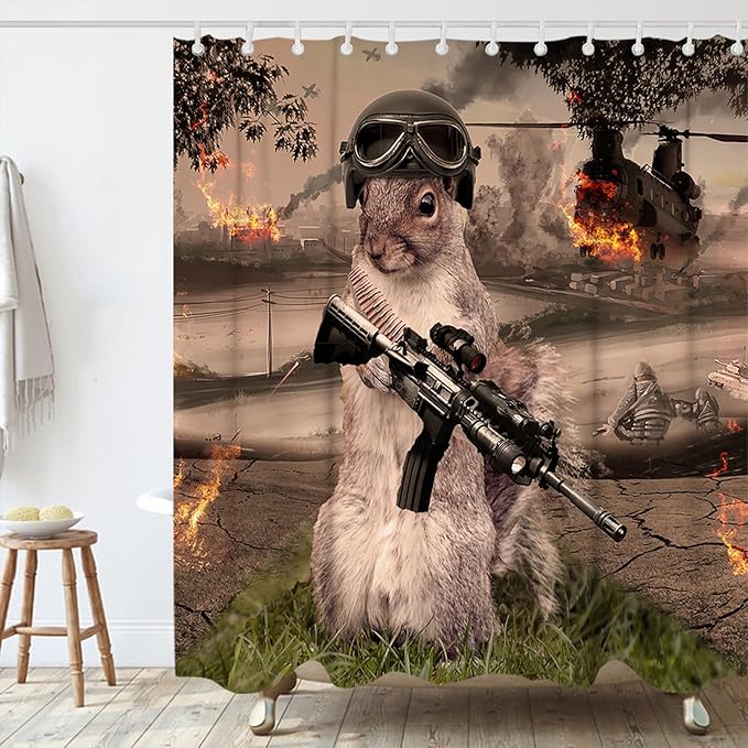 Funny Squirrel Warrior Shower Curtain Helicopter Animal Bathroom Set with 12 Hooks 78Hx72W inch Polyester Machine Washable Waterproof Brown Black and Green