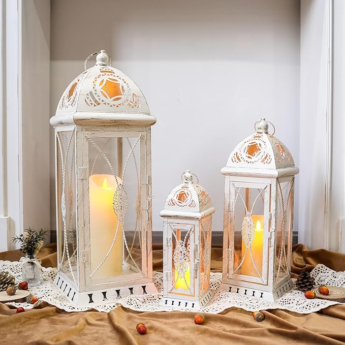 TRIROCKS Set of 3 Large Decorative Candle Lanterns 22''&16"&11" H Vintage Candle Holders for Garden Yard Patio Wedding Parties Events Christmas Indoors Outdoors(Beige with Gold Brush)