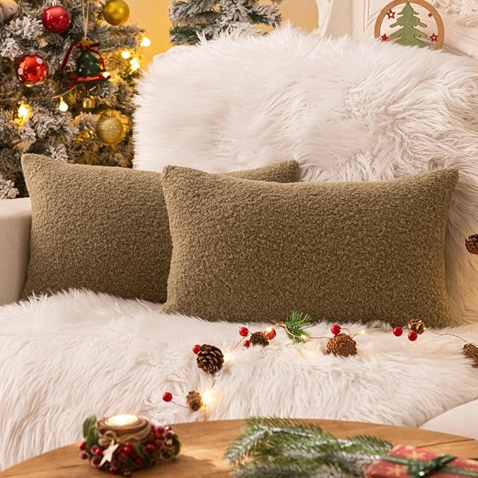 AQOTHES Sage Green Winter Throw Pillow Covers 12x20 Inch Set of 2, Boucle Faux Fur Pillow Covers,Cozy Fluffy Home Living Room Farmhouse Decor for Sofa Couch Bed