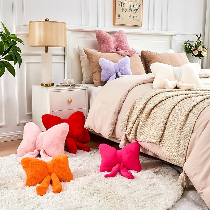 Red Bow Pillow, Soft Bow Decorative Pillows with Faux Rabbit Fur, Cute 12" Bow Throw Pillows, Aesthetic Home Decor Bow Shaped Plush Pillow for Bedroom Sofa Couch