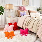 Lavender Bow Pillow, Soft Bow Decorative Pillows with Faux Rabbit Fur, Cute 16" Bow Throw Pillows, Aesthetic Home Decor Bow Shaped Plush Pillow for Bedroom Sofa Couch