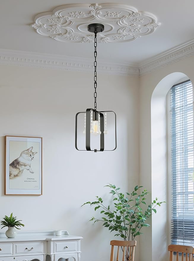 Farmhouse Crystal Chandelier,12 Inch Modern Geometric Rustic Vintage Hanging Pendant Ceiling Light Fixture for Dining Room Bedroom Kitchen Island Hallway Foyer Entryway