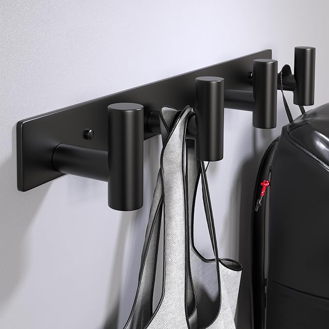 Coat Rack Wall Mounted-4 Hooks, Heavy Duty Stainless Steel Wall Hooks for Towel Coat Bag, Hat Rack Coat Hanger Coat Hooks Towel Racks for Bathroom Entryway Kitchen Hotel (Black, 2 Packs)