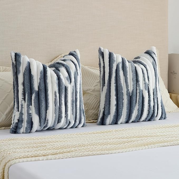 FUTEI Blue Decorative Throw Pillow Covers 22x22 Inch Set of 2, Soft Tie-Dye Faux Rabbit Fur Striped Texture Cushion Case, Modern Home Decor for Couch Bed Living Room