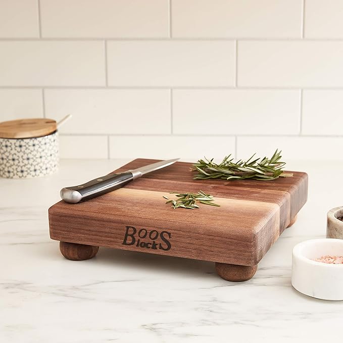 John Boos B Series Square Wooden Walnut Cutting Board 9”x9” – 1.5” Thick, 3-lb Non-Reversible Butcher Block with Wood Bun Feet & Edge-Grain