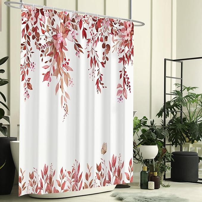 Eucalyptus Shower Curtain, Red Watercolor Leaves with Floral Botanical Bathroom Decor, Waterproof Fabric Bath Curtain Set with Hooks, 72x78 Inches