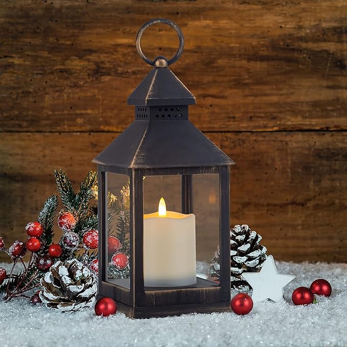Vintage Golden Brushed Black Lantern Decorative LED Flickering Flameless Candle with Timer, Battery Powered LED Decorative Hanging Lanterns for Indoor Outdoor Garden Yard Home Decor(1 Pack)