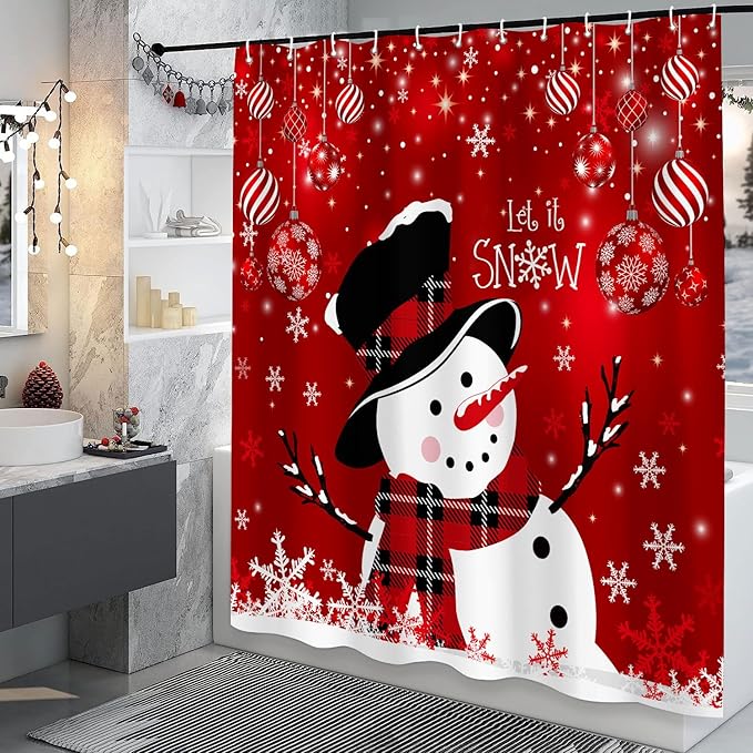 Christmas Snowman Shower Curtain, Red Xmas Ball Cute Winter Snowman Shower Curtain Christmas Holiday Decor, Durable Fabric Machine Washable with Hooks, 72 x 72 Inches