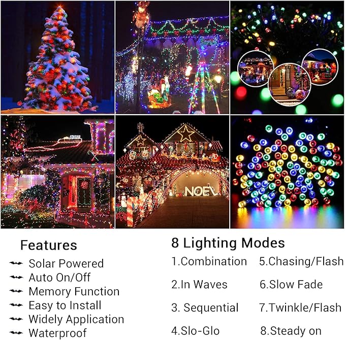 Flacchi 2 Pack Solar String Lights Each 72ft 200 LED 8 Modes Outdoor String Lights Waterproof Solar Fairy Lights for Garden, Patio, Fence, Balcony, Outdoors,Holiday Decoration