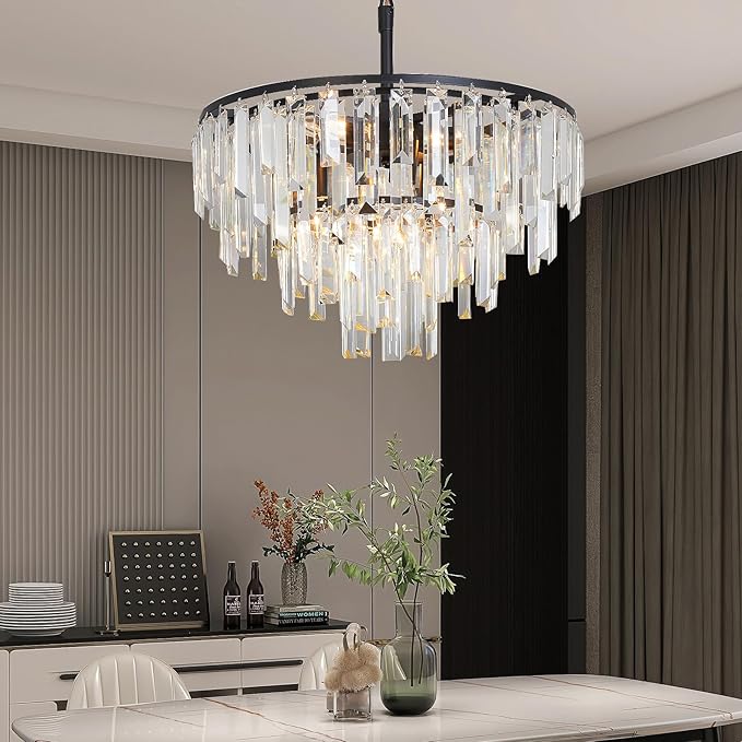 Black Crystal Chandelier Modern Round Dining Room Chandelier 4-Tier 6 Lights Dimmable Top K9 Luxury Ceiling Hanging Pendant Light Fixture for Dining Room Living Room Bedroom Foyer 18"