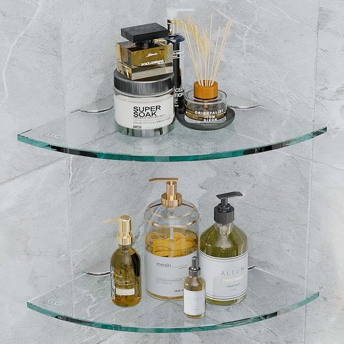 Set of 4 Bathroom Corner Glass Shelf Tempered Glass Shelves for Shower Wall Corner Caddy Basket Triangle Wall Shower Shelf Shampoo Bottle Holder No Drilling Adhesive Wall Mount Bathroom Shelf