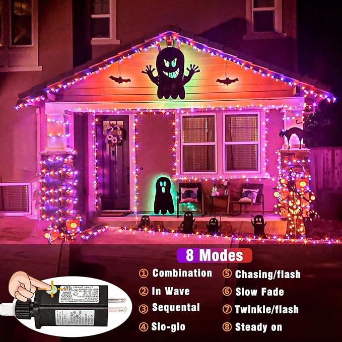 200 LED Halloween Lights Outdoor, 66ft Halloween String Lights Indoor Clear Wire 8 Modes Waterproof Plug in Twinkle Fairy Light for Tree Party Garden Decorations, Purple&Orange