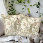 Vintage Bird Floral Soft Velvet Throw Pillow Covers Set of 2 Cream Chinoiserie Flowers Leaves Decorative Pillow Covers 20x20 Inch Retro Farmhouse Pillow Case With Gold Trim For Sofa Couch Home Decor