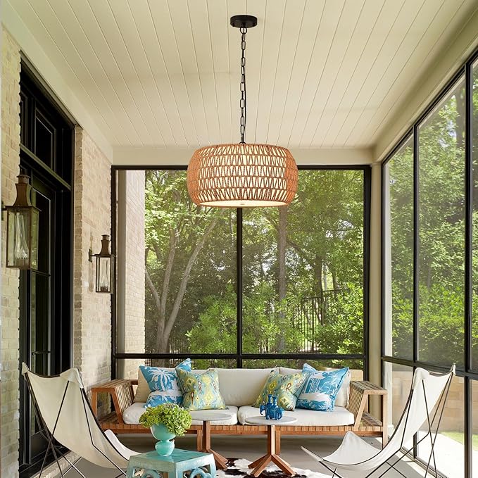 Boho Chandeliers for Dining Room,Rattan Chandeliers with Fabric Shade,Farmhouse Dining Room Light Fixtures,Kitchen Island Lighting 5-Lights Hand Woven Drum Chandelier,18 in,UL Listed