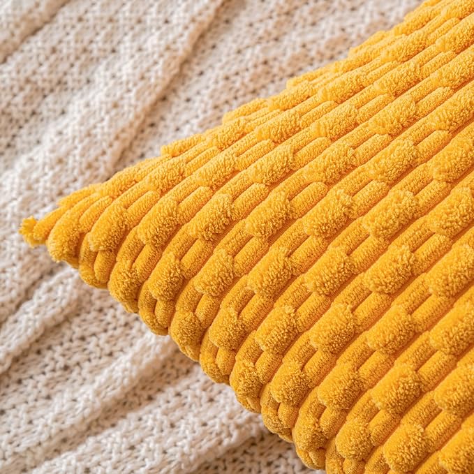 MIULEE Pack of 2 Decorative Throw Pillow Covers 16x16 Inch Soft Boho Striped Textured Corduroy Pillow Covers Modern Farmhouse Home Decor for Couch Bed Sofa Living Room Golden Yellow