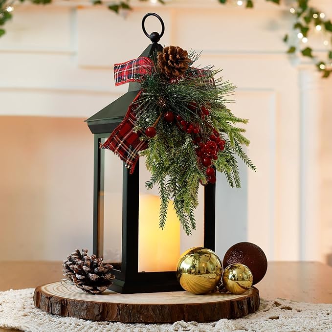 Christmas Lanterns Decorative Indoor, 14" Battery-Powered Waterproof Black LED Candle Lanterns with Timer for Patio & Outdoor, Vintage Hanging Lantern for Xmas Home Decorations, Transparent
