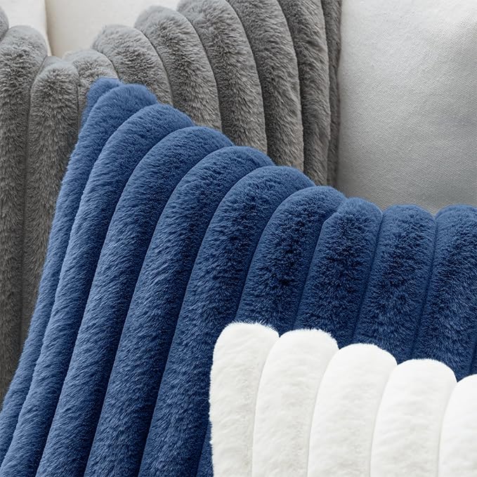 MIULEE Faux Fur Large Decorative Throw Pillow Covers 24x24 Inch Set of 2, Coastal Modern Art Home Decor Soft Plush Couch Pillows Cozy Fluffy Cushion Covers for Sofa Bed Navy Blue