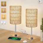 Bedside Lamps Set of 2 with Bulb, Touch Control Nightstand Lamp for Bedroom with Rattan & Linen Shade, 3 Way Dimmable Small Boho Table Lamps with USB Charging Port & Phone Stand