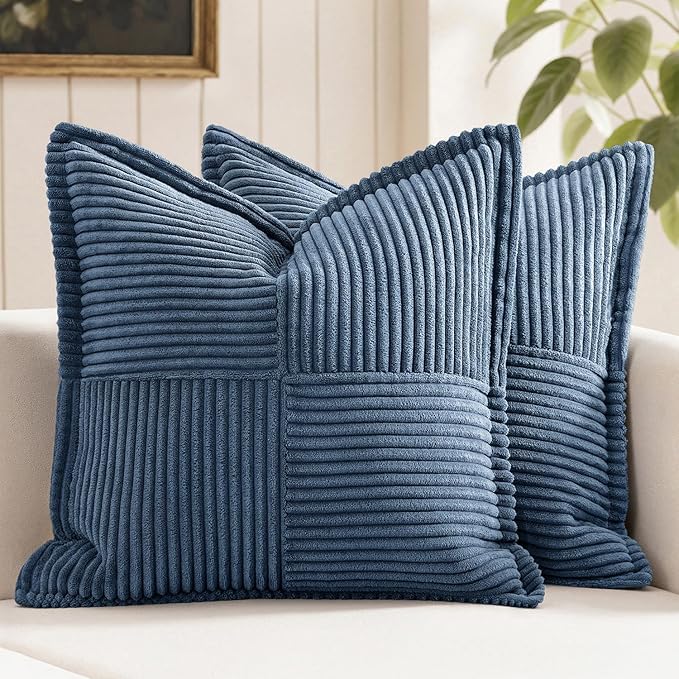 MIULEE Decorative Throw Pillow Covers for Couch Bed Livingroom 18x18 Inch Set of 2 Blue Boho Accent Throw Pllows Broadside Striped Patchwork Soft Corduroy Summer Coastal Pillowcases