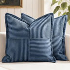 MIULEE Decorative Euro Sham Throw Pillow Covers for Couch Bed Livingroom 22x22 Inch Set of 2 Blue Boho Accent Throw Pllows Broadside Striped Patchwork Soft Corduroy Summer Coastal Pillowcases