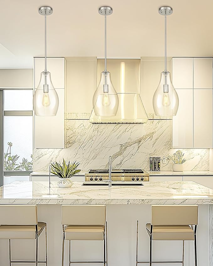 Large Pendant Lights Kitchen Island, 8" Brushed Nickel Hanging Light Fixtures with Clear Glass Shade, Modern Kitchen Pendant Lighting Over Island for Dining Room, AD-25045-1PB-SN