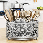 360° Rotating Utensil Caddy - Silverware Cutlery Caddy Holder with 4 Compartment, Metal Flatware Organizer Countertop with Handle for Party Camping Picnic, Kitchen Counter, Office (Silver)