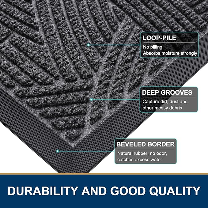 Smiry Front Door Mat Indoor Outdoor Entrance, Heavy Duty Natural Rubber, Sturdy Trap Dirt, Moisture Doormat and Easy Clean Low Profile Patio Porch Entryway Mat, 36x24 Inch, Grey/Geometric