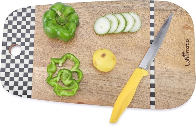 Mango Wood Oval Cutting Board Chopping Board, Cheese Board, and Charcuterie - Decorative Wooden Serving Board for Kitchen and Dining Room (Checkered Oval, 14x8 Inches)