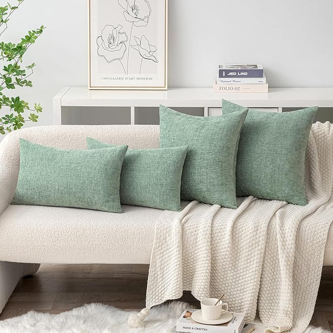 MIULEE Pack of 2 Couch Throw Pillow Covers 16x16 Inch Soft Greyish Green Chenille Pillow Covers for Sofa Living Room Solid Dyed Pillow Cases