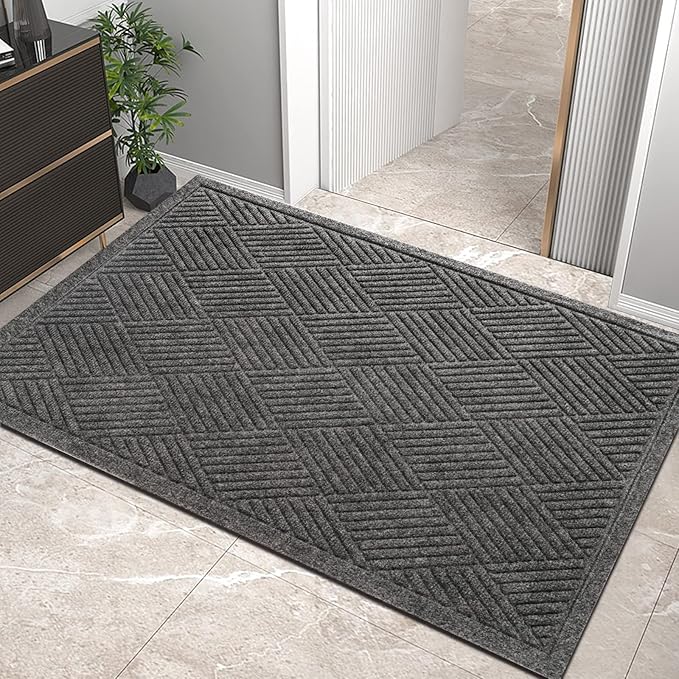 Sturdy Front Door Mat, Absorbent Muddy Dirt Resist Welcome Door Mats Outdoor Indoor, Stain and Fade Resistant, Non-Slip Rubber Backing Low Profile Doormat for Entryway, 36×24, Grey
