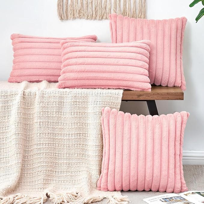 Throw Pillow Covers Decorative Faux Fur Set of 2 12x20 Inch Pillow Covers, Soft Pink Lumbar Plush Striped Pillowcases for Couch Sofa Bed Living Room, Fluffy Cute Home Boho Accent Fuzzy Decor