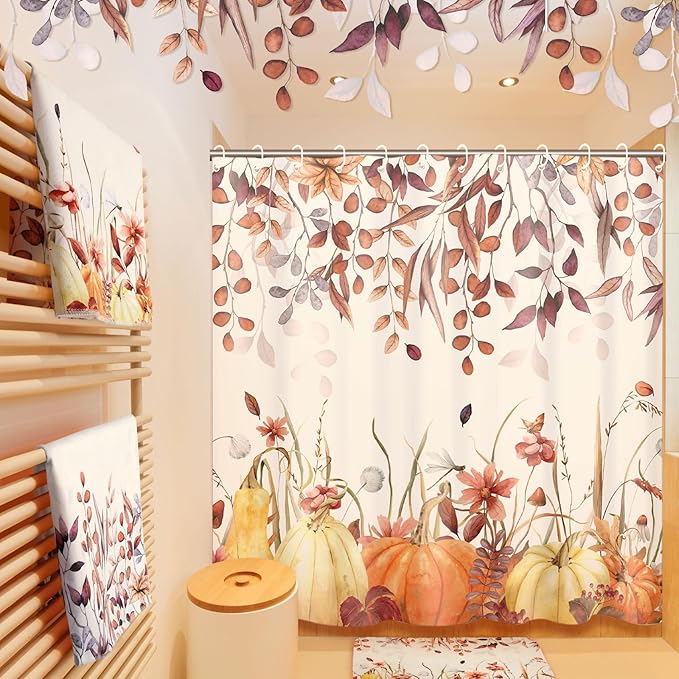 Newwiee 7 Pcs Fall Pumpkin Shower Curtain Sets Vintage Pumpkin Bathroom Set Thanksgiving Bathroom Curtain Shower Set Include Towels Non Slip Rugs Toilet Lid Cover Bath Mat(Fall Pumpkins Leaves)