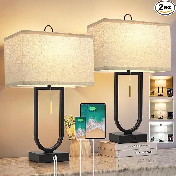 24'' Table Lamps Set of 2 - Desk Lamp & Bedside Lamp, 3-Color Temperature, USB C+A Ports, Modern Nightstand Lamps for Bedroom, Living Room, Home Office, Pull Chain Switch, Includes 2 LED Bulbs